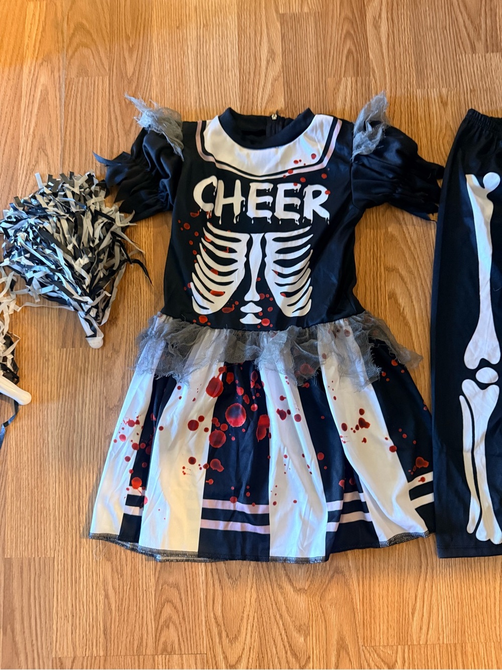 Kids Black Skeleton Cheerleader Costume with Pom Poms - Picture 2 of 4